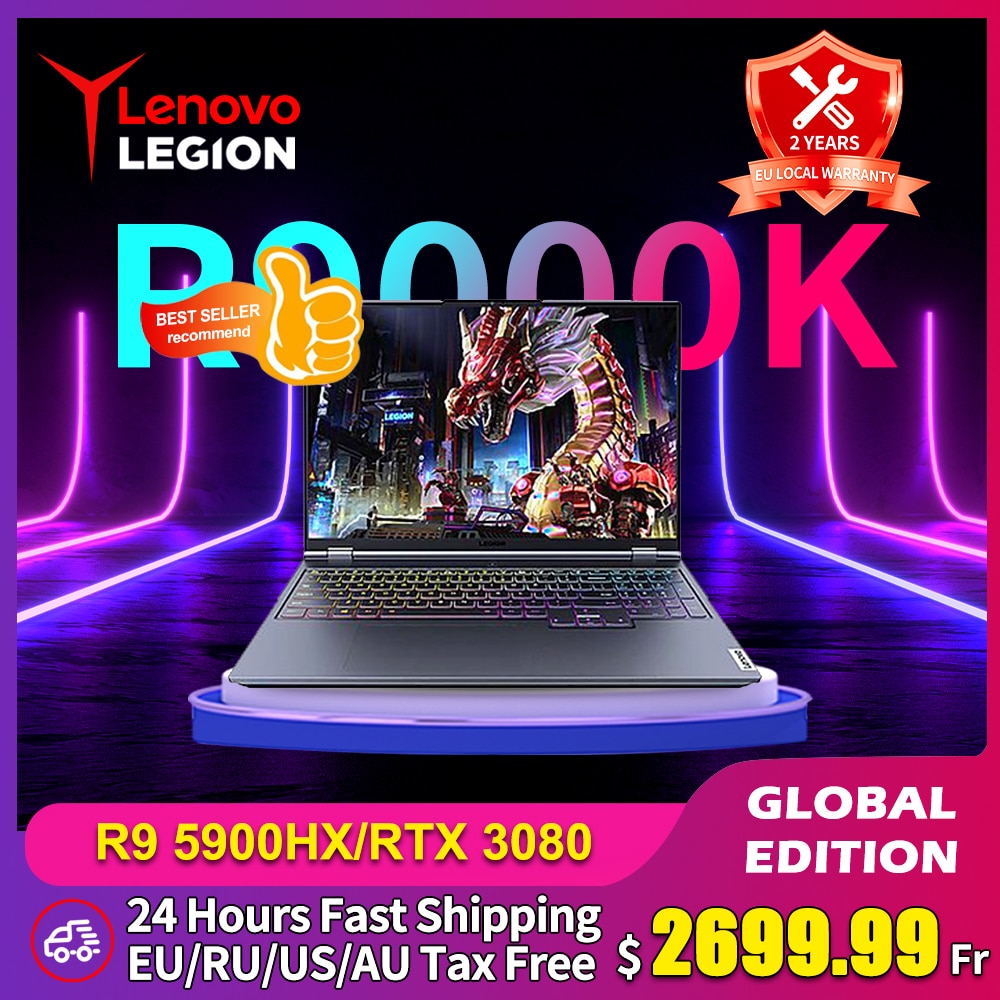 Lenovo Legion R9000K Gaming Laptop 16" AMD Ryzen 9 5900HX RTX 3080 2.5K 165Hz Screen 32GB/64GB + 1TB/2TB Windows 11 Notebook PC