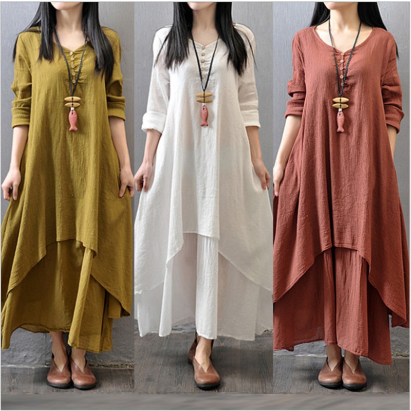 MOONBIFFY Elegant Cotton Linen Dresses for Women Mori Girl Style Casual Dress Plus Size Loose Long Sleeve Robe Club Outfits